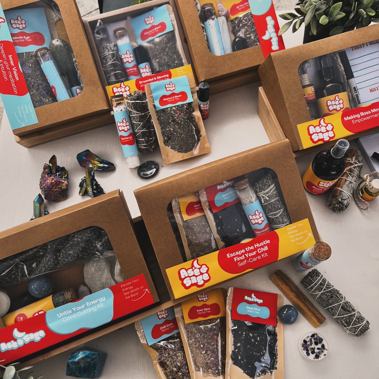 The full range of Asé & Sage ritual kits with their labels